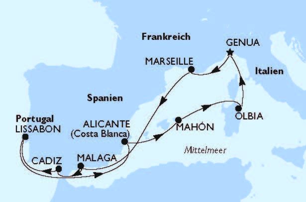 Route zu MSC Gruppenkreuzfahrt Herbst Mittelmeer